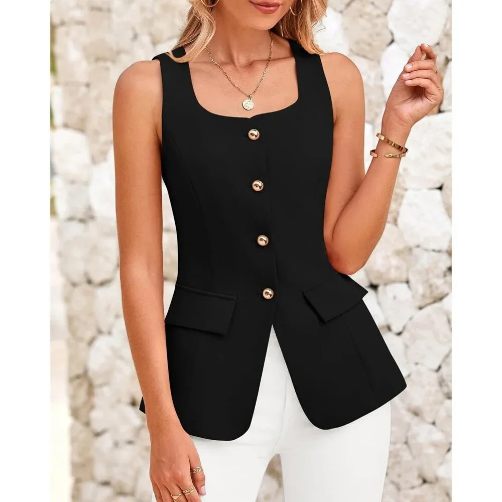 Women's Black Sleeveless Suit Vests Dressy Casual Square Neck Business Work